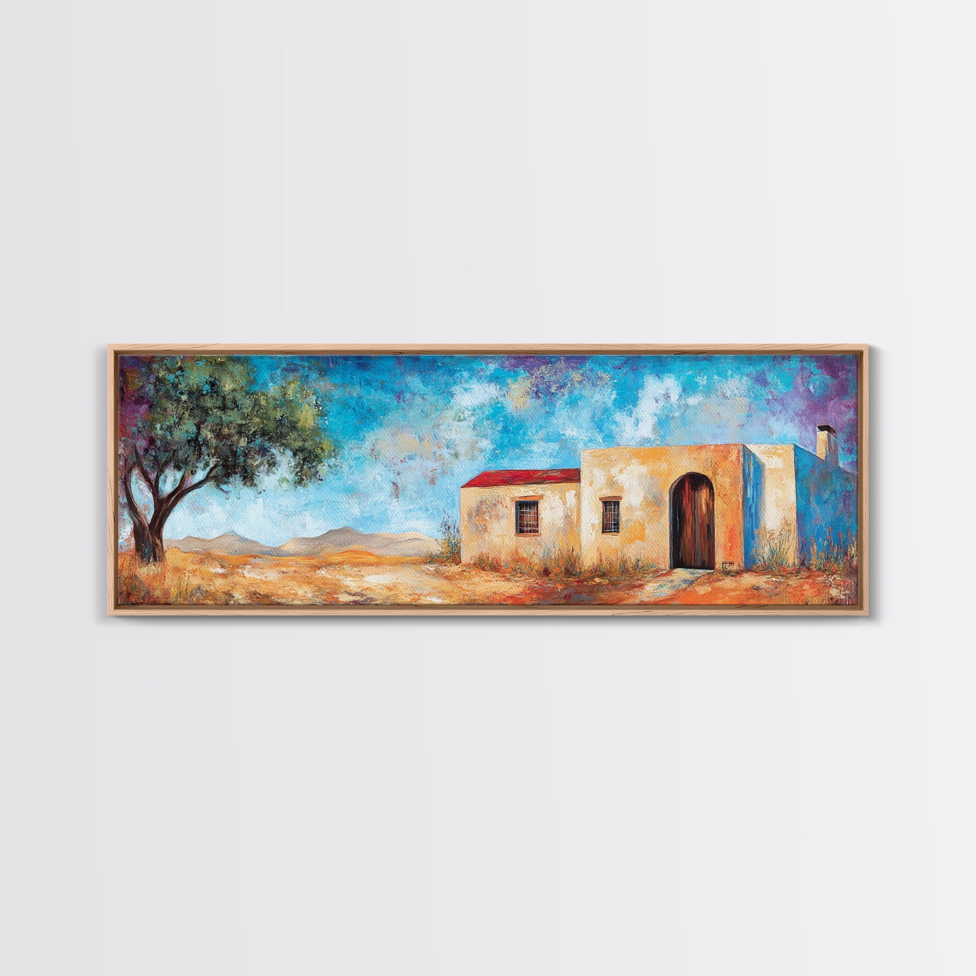 Southwest Desert House Painting, Rustic Western Wall Art, Blue Sky Adobe Home, Boho Minimalist Living Room Decor, Framed Canvas Print