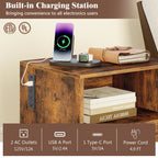 Nightstand with Charging Station and Drawer Sofa Side Table-Rustic Brown
