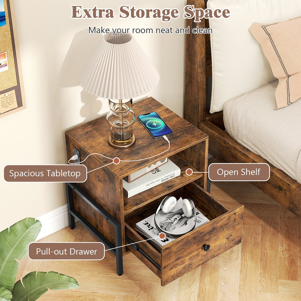 Nightstand with Charging Station and Drawer Sofa Side Table-Rustic Brown