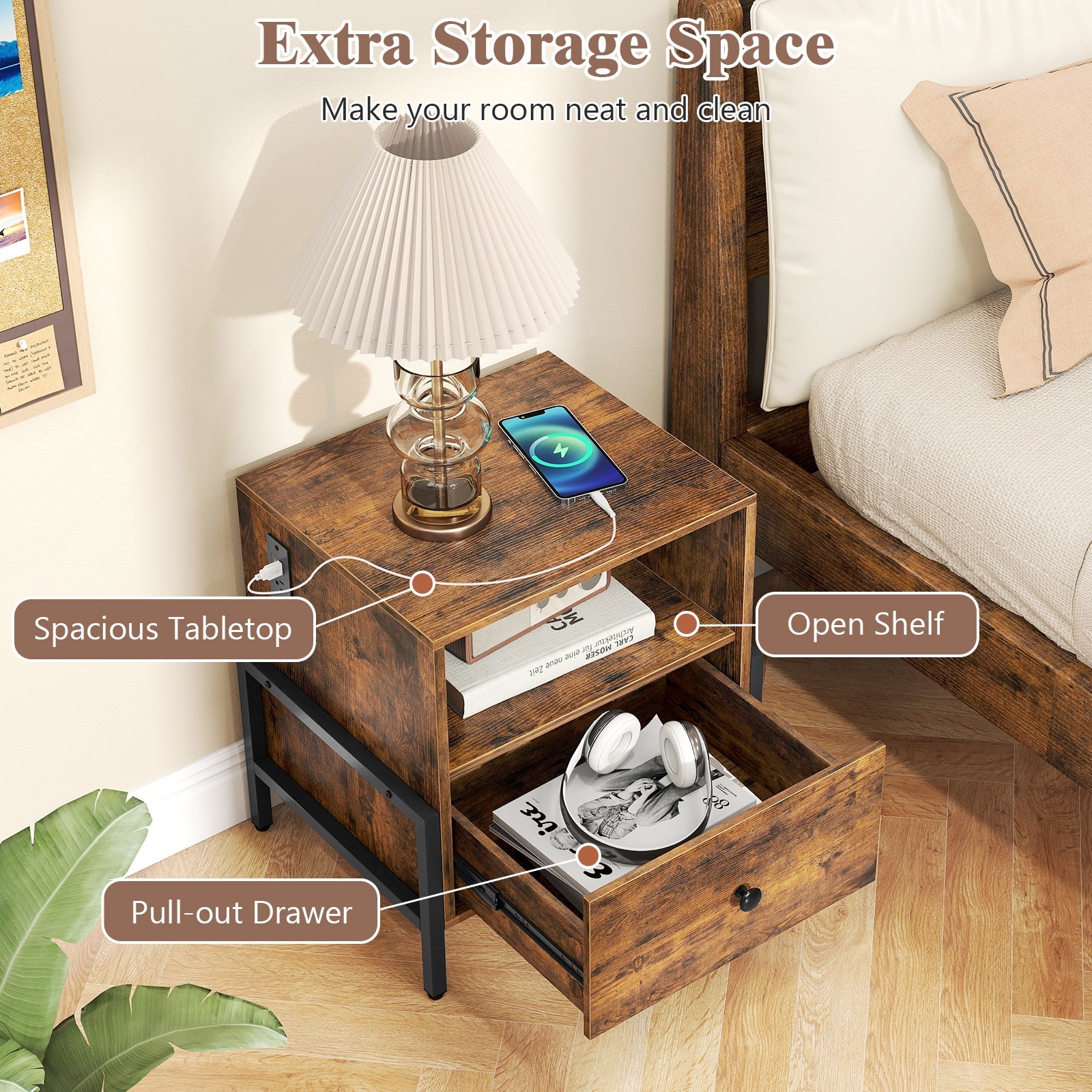 Nightstand with Charging Station and Drawer Sofa Side Table-Rustic Brown
