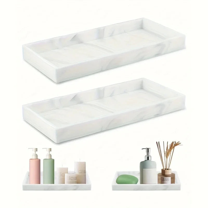1pc Marble Rectangular Decorative Tray - Elegant White & Golden Bathroom Vanity Organizer with Multiple Compartments for Cosmetics, Makeup Brushes, Jewelry & Accessories - Durable Bathroom Storage Rack for Dressing Table, Kit