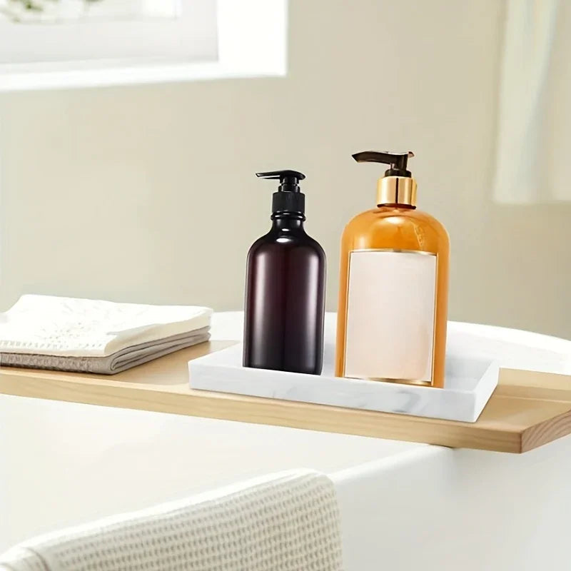 1pc Marble Rectangular Decorative Tray - Elegant White & Golden Bathroom Vanity Organizer with Multiple Compartments for Cosmetics, Makeup Brushes, Jewelry & Accessories - Durable Bathroom Storage Rack for Dressing Table, Kit