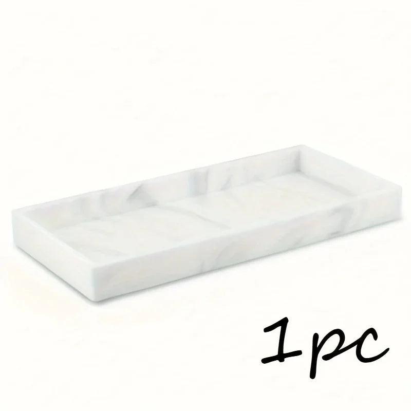 1pc Marble Rectangular Decorative Tray - Elegant White & Golden Bathroom Vanity Organizer with Multiple Compartments for Cosmetics, Makeup Brushes, Jewelry & Accessories - Durable Bathroom Storage Rack for Dressing Table, Kit