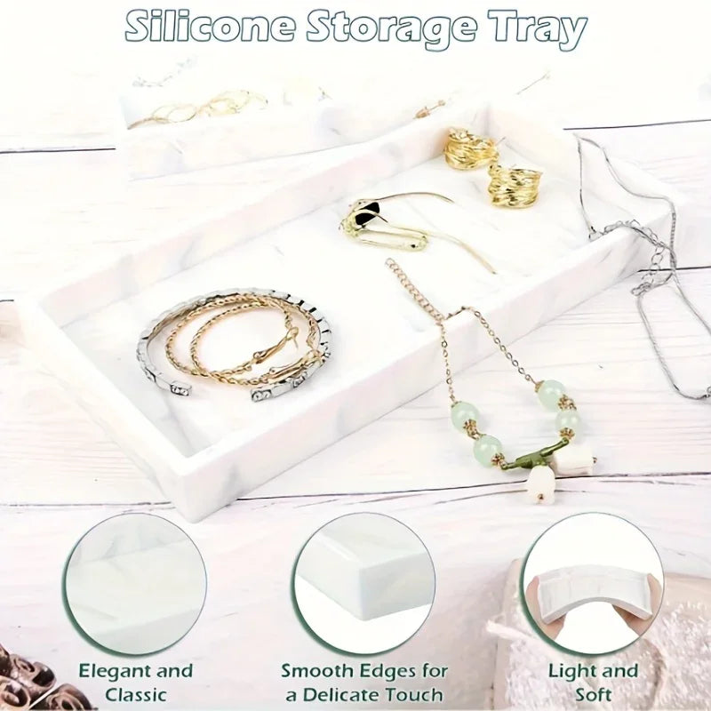 1pc Marble Rectangular Decorative Tray - Elegant White & Golden Bathroom Vanity Organizer with Multiple Compartments for Cosmetics, Makeup Brushes, Jewelry & Accessories - Durable Bathroom Storage Rack for Dressing Table, Kit