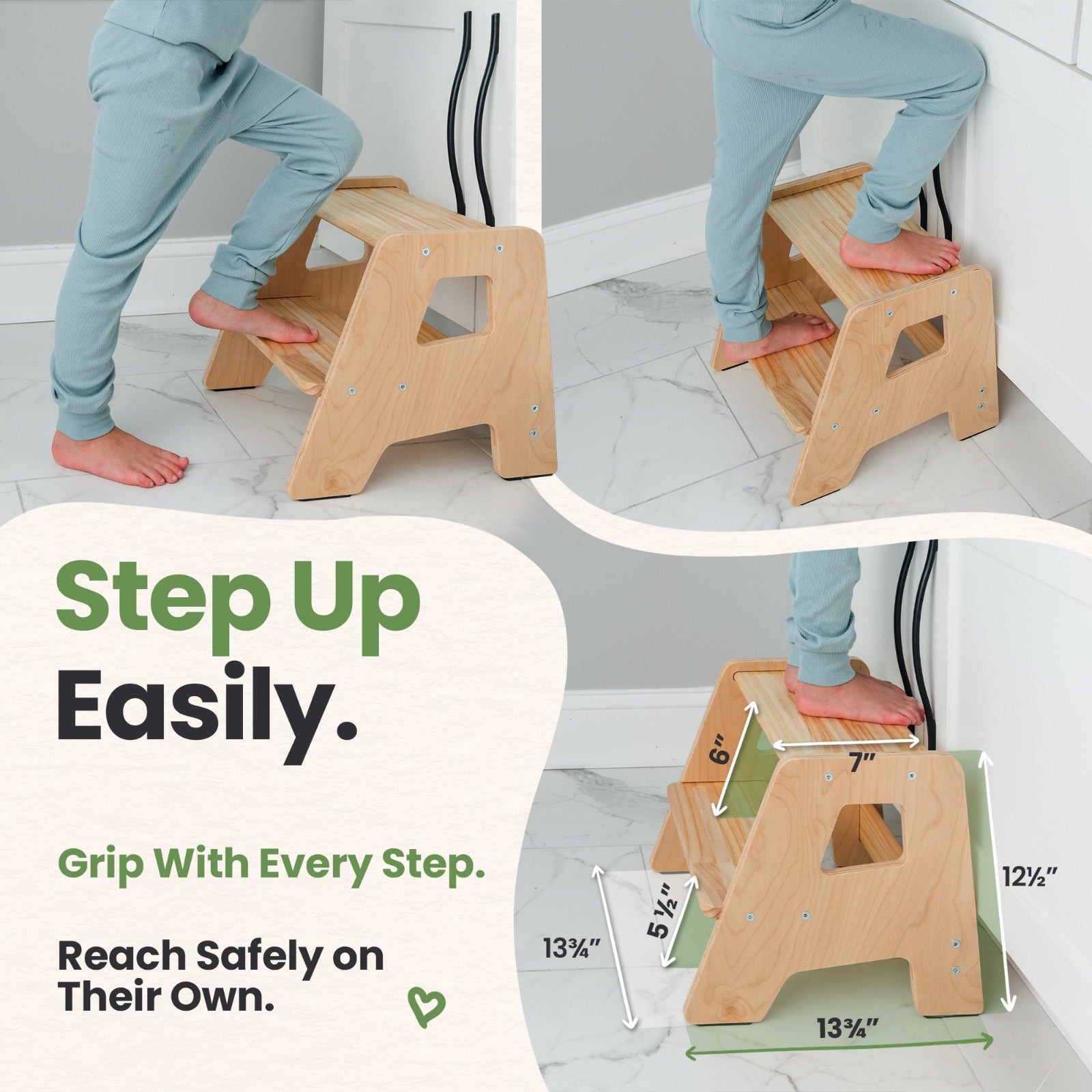 2-Step Wooden Stool for Toddlers(Step Stool for Children Ages 2+)