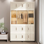 Portable Wardrobe Closet Storage Organizer With 17 Magnetic Doors, 17 Cubes, Hanging Rod & 6 Hangers - Creamy White