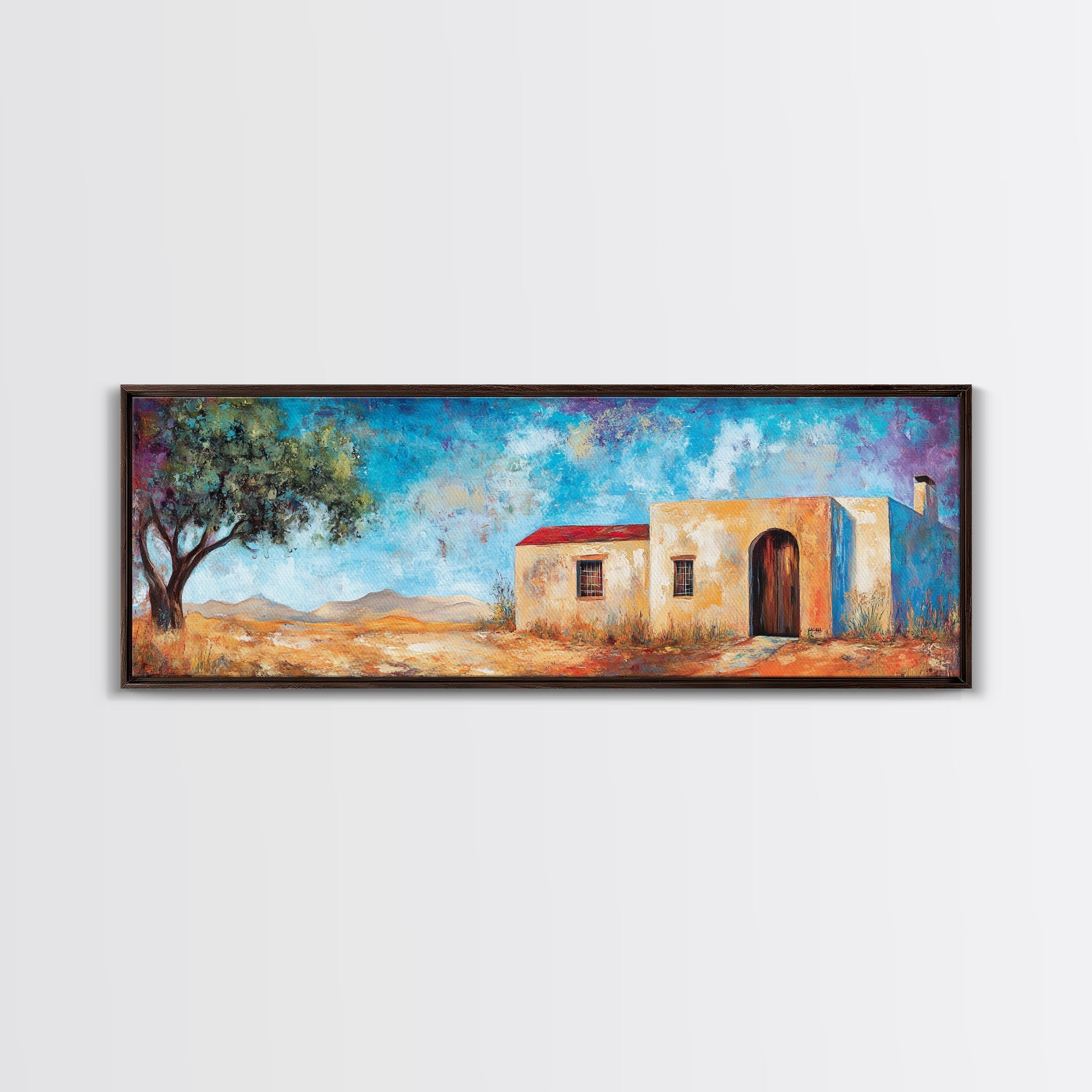 Southwest Desert House Painting, Rustic Western Wall Art, Blue Sky Adobe Home, Boho Minimalist Living Room Decor, Framed Canvas Print