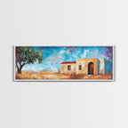 Southwest Desert House Painting, Rustic Western Wall Art, Blue Sky Adobe Home, Boho Minimalist Living Room Decor, Framed Canvas Print