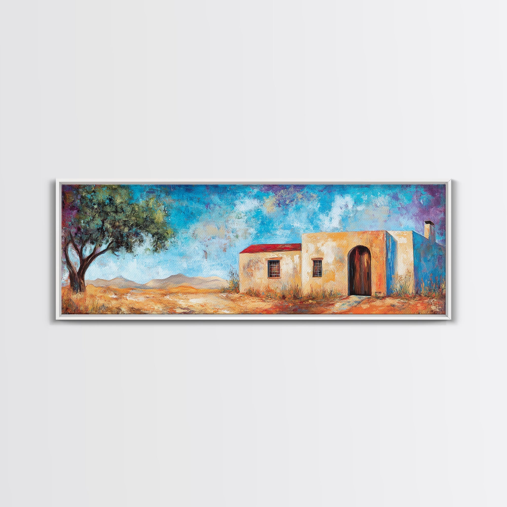 Southwest Desert House Painting, Rustic Western Wall Art, Blue Sky Adobe Home, Boho Minimalist Living Room Decor, Framed Canvas Print
