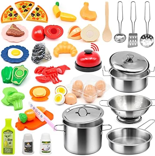 Kids Kitchen Playset - 38Pcs Stainless Steel Pots Pans Cooking Toys with Play Food Set
