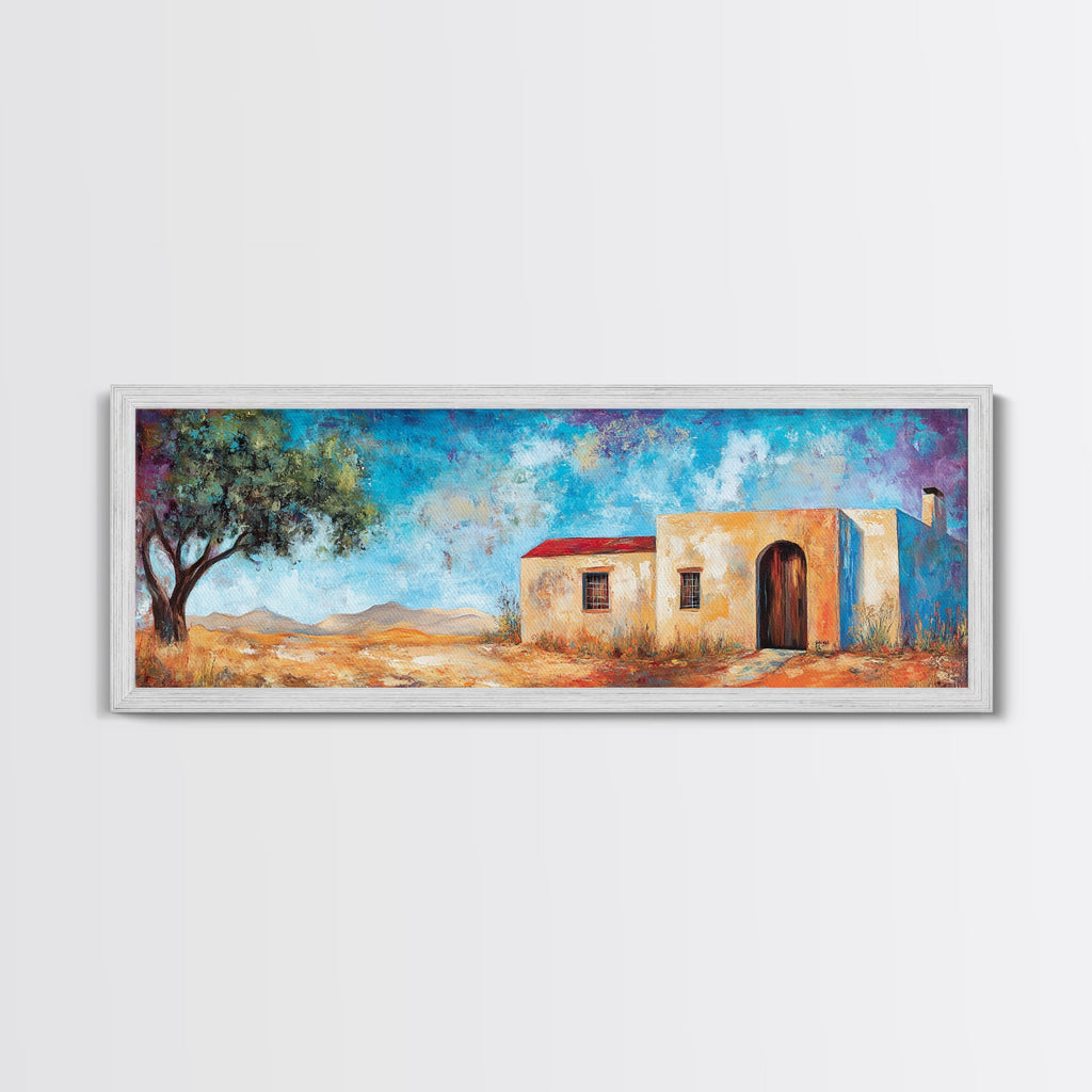 Southwest Desert House Painting, Rustic Western Wall Art, Blue Sky Adobe Home, Boho Minimalist Living Room Decor, Framed Canvas Print