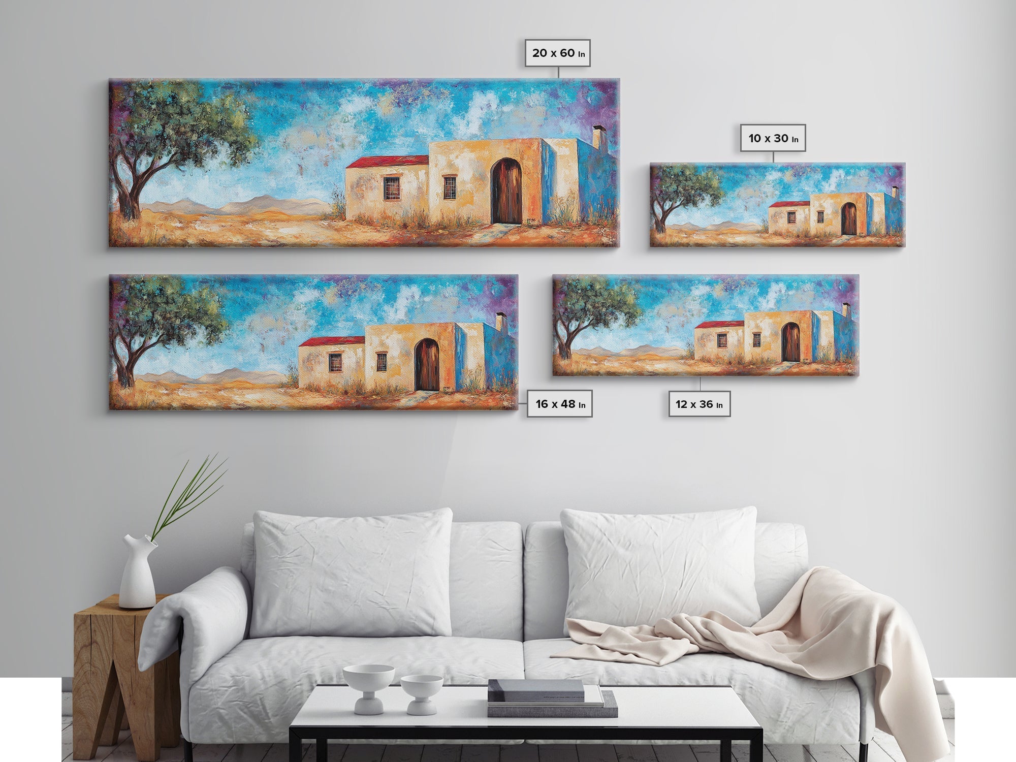 Southwest Desert House Painting, Rustic Western Wall Art, Blue Sky Adobe Home, Boho Minimalist Living Room Decor, Framed Canvas Print