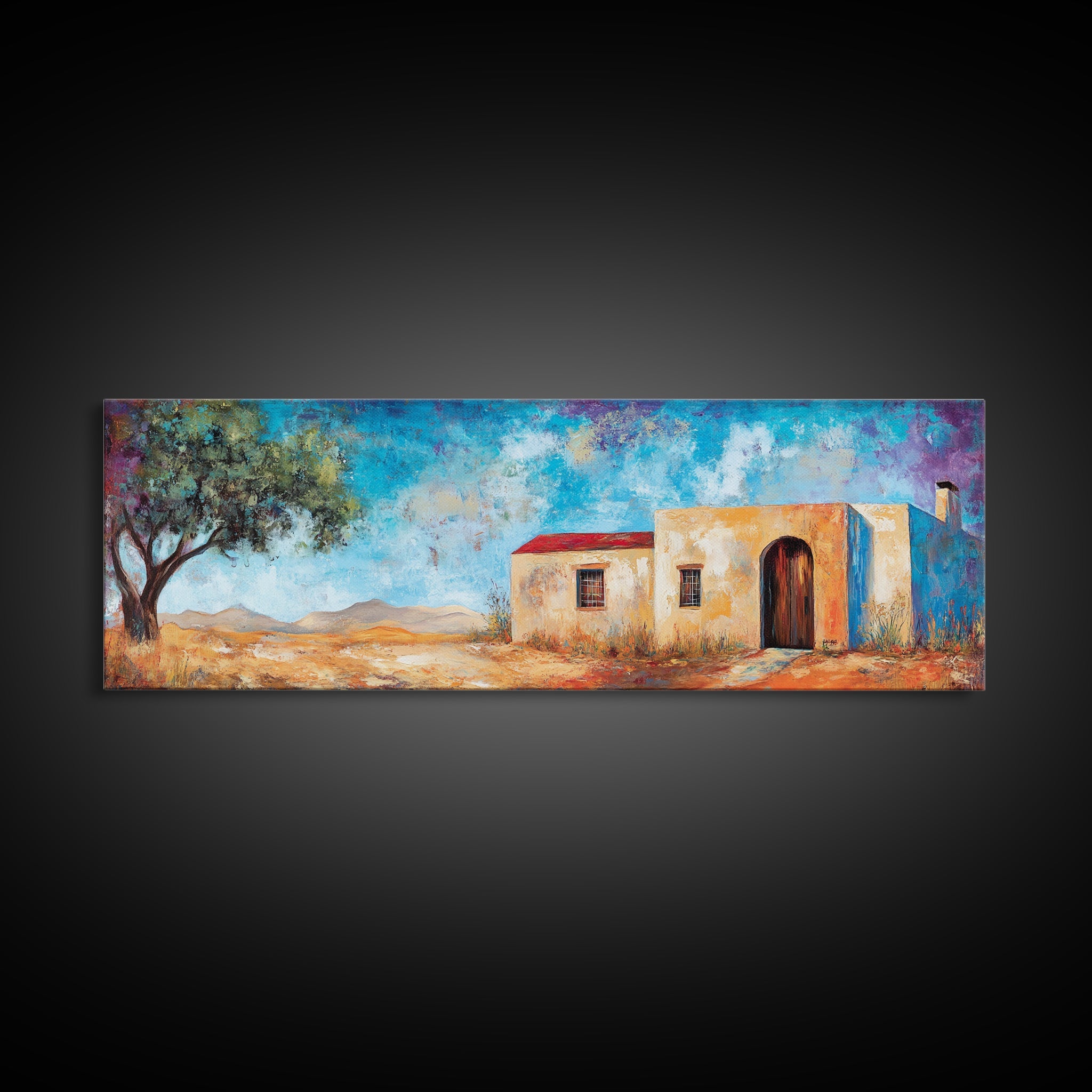Southwest Desert House Painting, Rustic Western Wall Art, Blue Sky Adobe Home, Boho Minimalist Living Room Decor, Framed Canvas Print