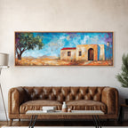 Southwest Desert House Painting, Rustic Western Wall Art, Blue Sky Adobe Home, Boho Minimalist Living Room Decor, Framed Canvas Print