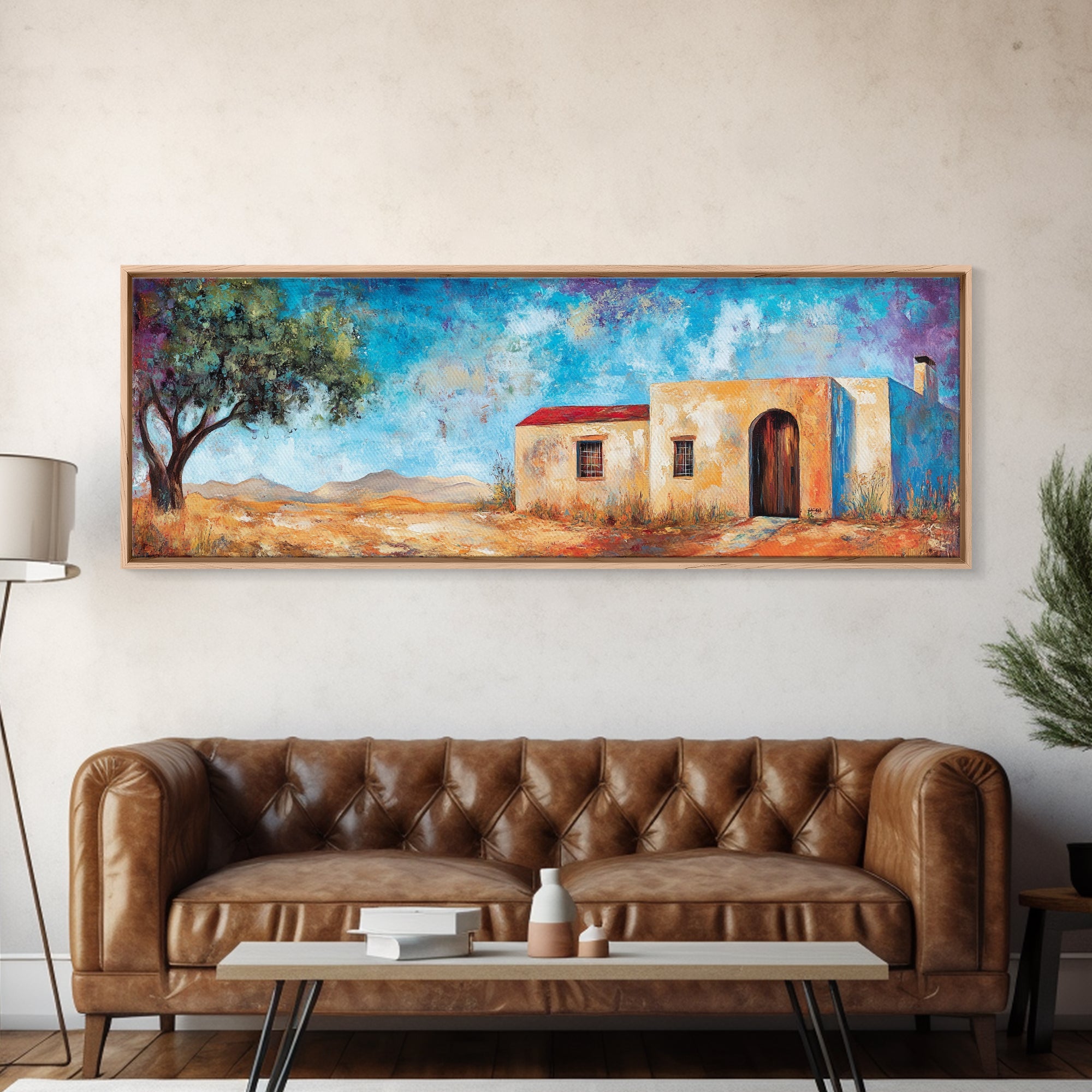 Southwest Desert House Painting, Rustic Western Wall Art, Blue Sky Adobe Home, Boho Minimalist Living Room Decor, Framed Canvas Print