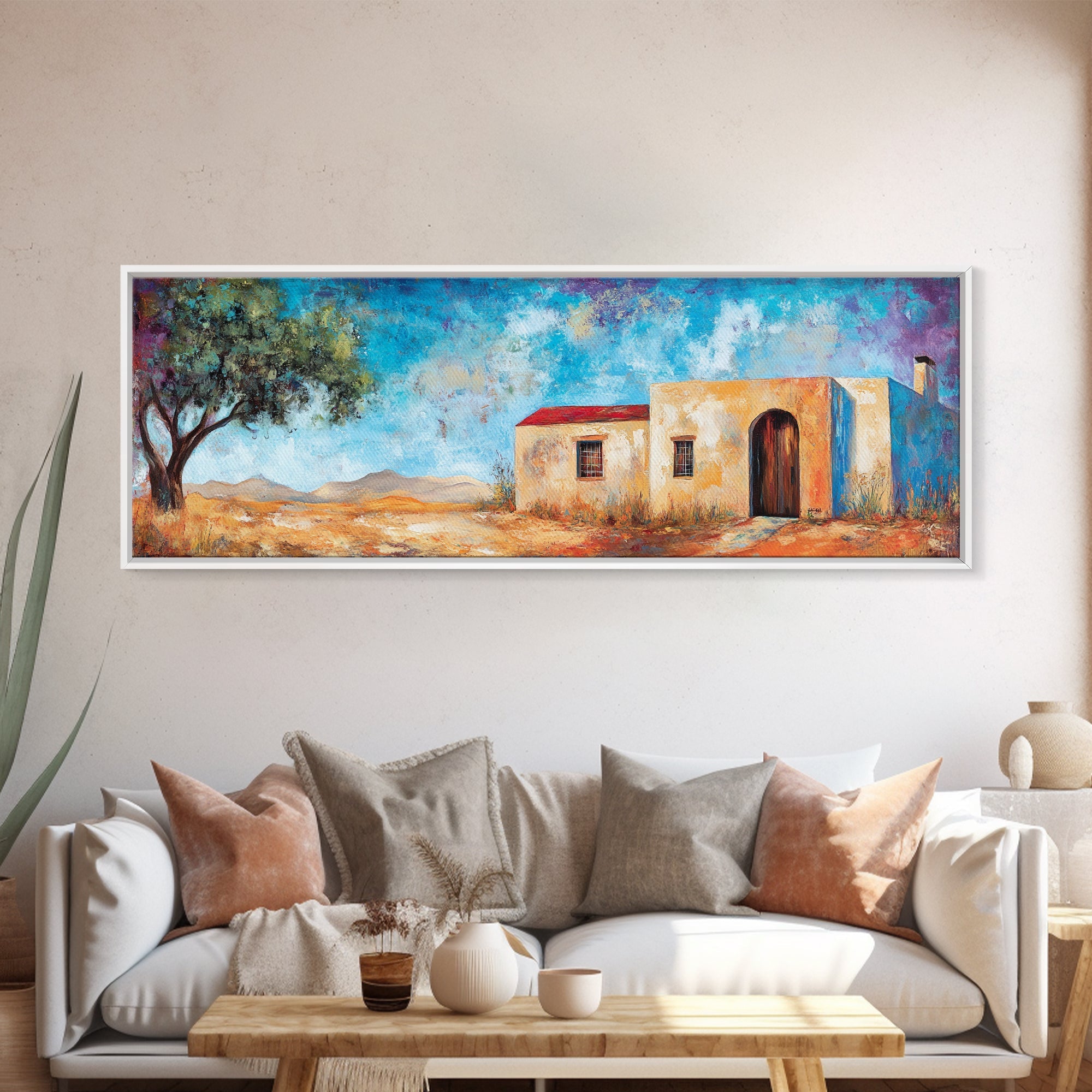 Southwest Desert House Painting, Rustic Western Wall Art, Blue Sky Adobe Home, Boho Minimalist Living Room Decor, Framed Canvas Print