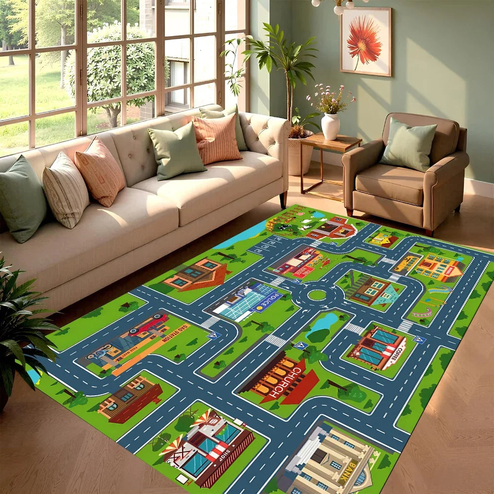 City & Race Track Carpet Series Non Slip Soft Easy To Clean Ideal for Home Play Area Vacation House Interactive Decor  Kid Rugs
