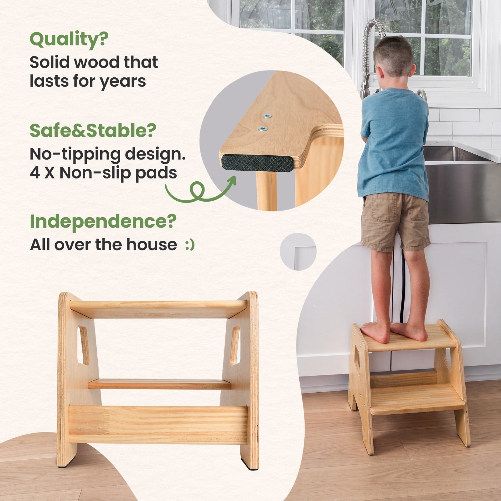 2-Step Wooden Stool for Toddlers(Step Stool for Children Ages 2+)